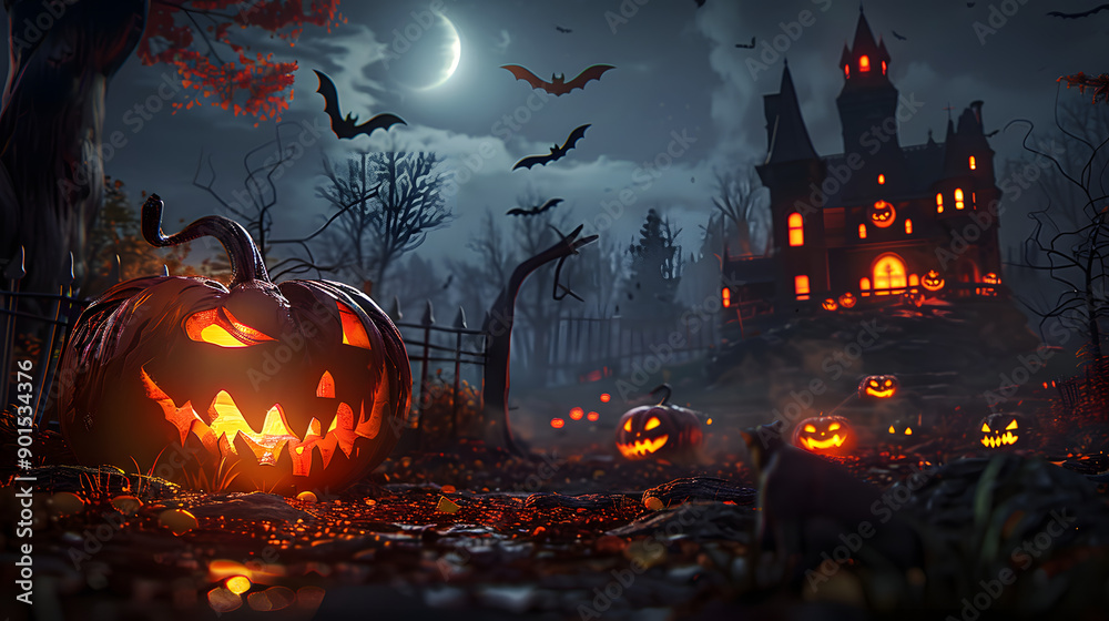 Halloween night scene background with castle with halloween pumpkin within flames in the graveyard and bats in the night, AI Generation Halloween night scene background with castle with halloween pumpkin within flames in the graveyard and bats in the night, AI Generation