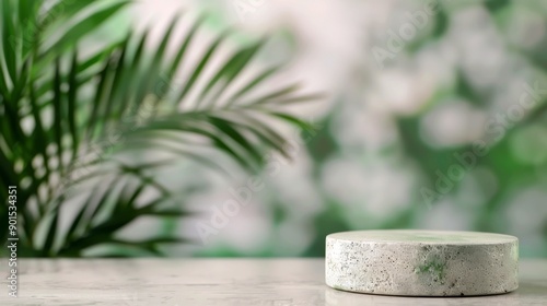 White Stone Platform With Green Plant Background