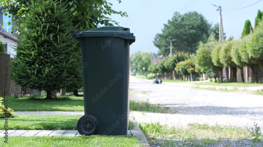 Garbage Trash can stands near a private house in the suburbs Garbage Trash can stands near a private house in the suburbs