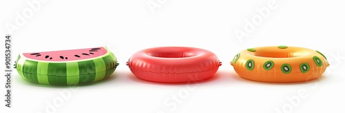 A set of inflatible rings in the shape of kiwi, orange, and watermelon isolated on white. This is a realistic colorful rubber swimming buoy with a modern illustration of the top view of a pool photo