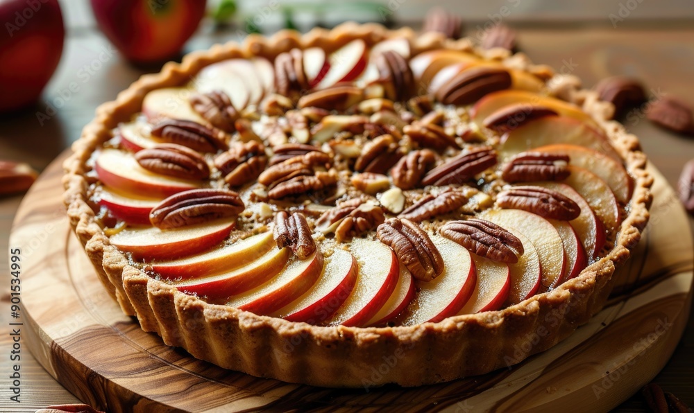 Apple and pecan tart on a wooden board Apple and pecan tart on a wooden board