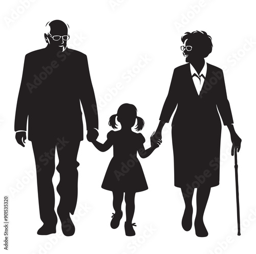 grandparents walking with granddaughter Silhouette  vector Illustration icon