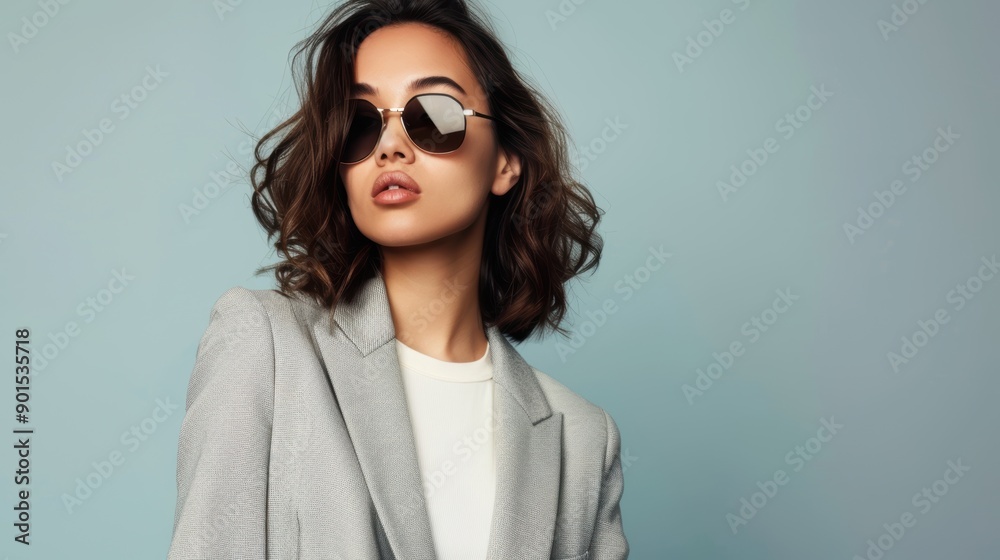 Trendy woman in stylish clothes, captured in a confident pose in a studio setting Trendy woman in stylish clothes, captured in a confident pose in a studio setting
