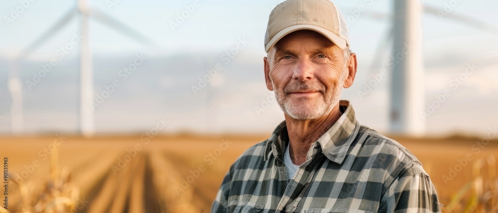 Fototapeta premium Portrait of a farmer with a wind farm in the background, merging agriculture with renewable energy and sustainable practices
