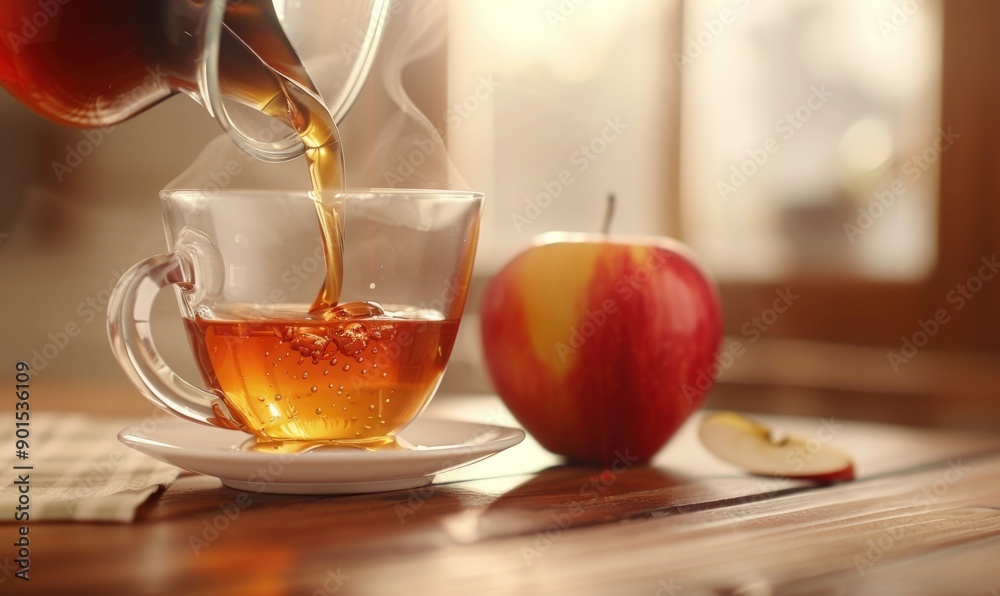 Apple syrup being poured into a cup of tea Apple syrup being poured into a cup of tea