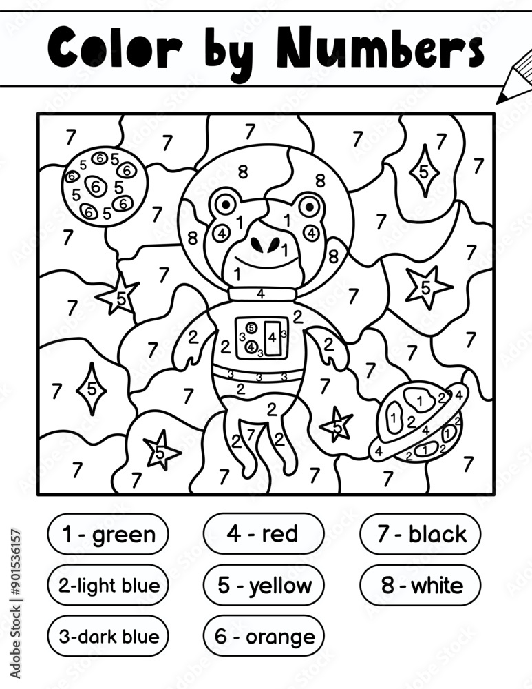 Color by numbers game for kids. Space coloring page with a frog ...