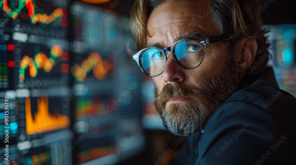 Focused Trader Analyzing Market Trends During Late Night Session in Modern Office. Generative AI Focused Trader Analyzing Market Trends During Late Night Session in Modern Office. Generative AI