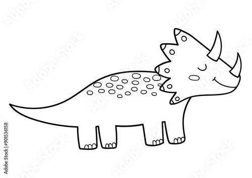 Cute dinosaur triceratops in outline isolated on white background. Funny dinosaur of jurassic period in outline for coloring. Vector illustration