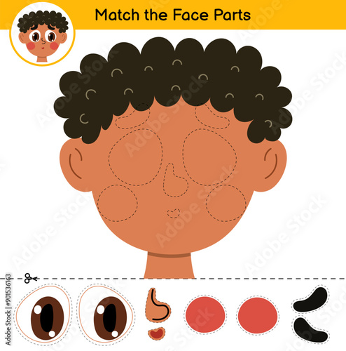 Face Parts cut and glue game with a cute boy. Educational activity page for kids. Matching game for school and preschool. Vector illustration