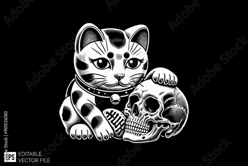 maneki neko illustration black and white silhouette graphic clip art vector design