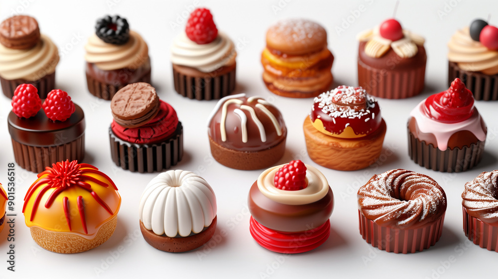 Various of sweets and desserts set and collection. chocolate cake, cupcakes, red velvet cake, apple pie, macarons, pretzel, donut, pastries, muffin, cookies, croissant. Bakery sweets isolated on white Various of sweets and desserts set and collection. chocolate cake, cupcakes, red velvet cake, apple pie, macarons, pretzel, donut, pastries, muffin, cookies, croissant. Bakery sweets isolated on white