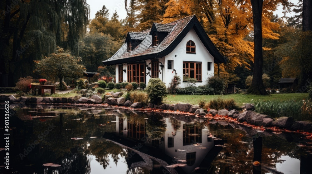 Obraz premium an old white and black house in the woods