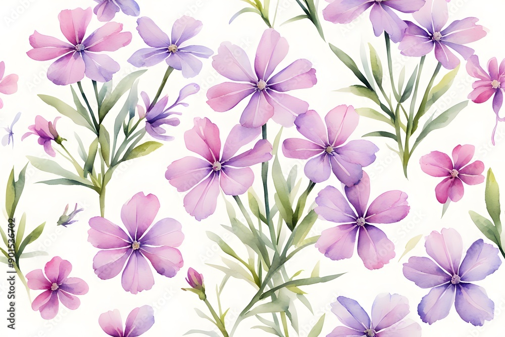 Fototapeta premium Watercolor creeping phlox flowers on white background, Ai Generated