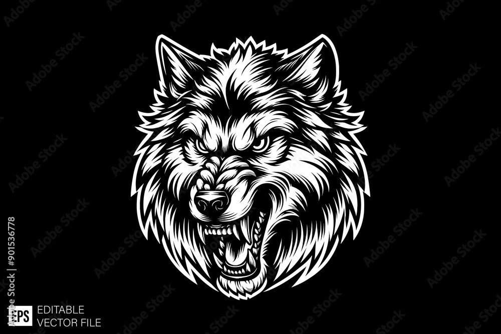Fototapeta premium Wolf head black and white silhouette graphic clip art vector design