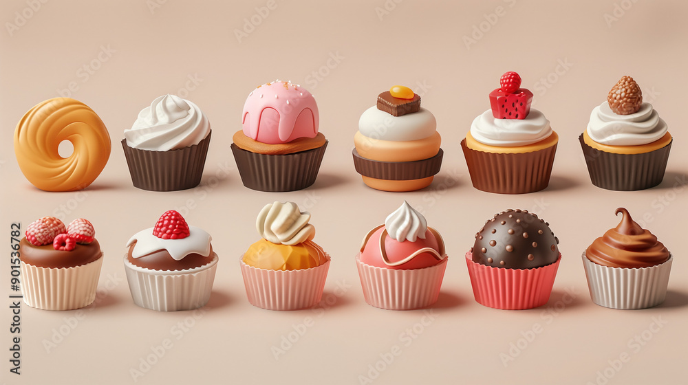 Various of sweets and desserts set and collection. chocolate cake, cupcakes, red velvet cake, apple pie, macarons, pretzel, donut, pastries, muffin, cookies, croissant. Bakery sweets isolated on white