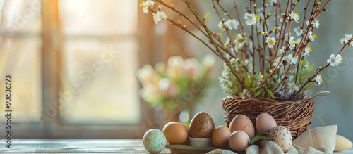 High quality photo of an Easter-themed display featuring eggs, willow branches, and a leafy bouquet in a vase on a table in a home interior with copy space image. photo