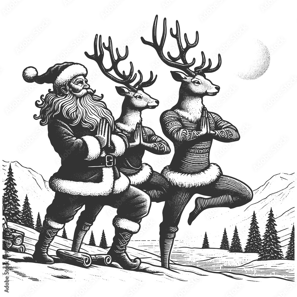 Fototapeta premium Santa Claus and two reindeer practicing yoga in a snowy landscape, holiday spirit sketch engraving generative ai fictional character raster illustration. Scratch board imitation. Black and white image
