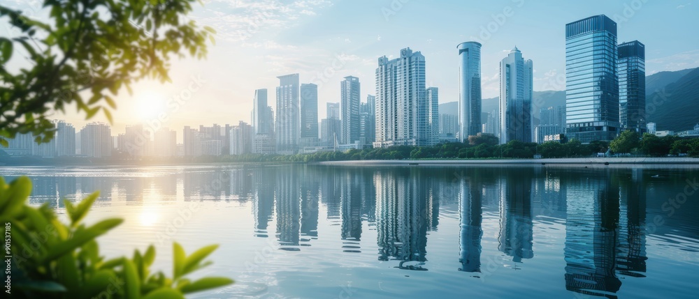 Obraz premium Cityscape blended with an image of a clear river and green hills, highlighting the balance between urbanization and environmental conservation