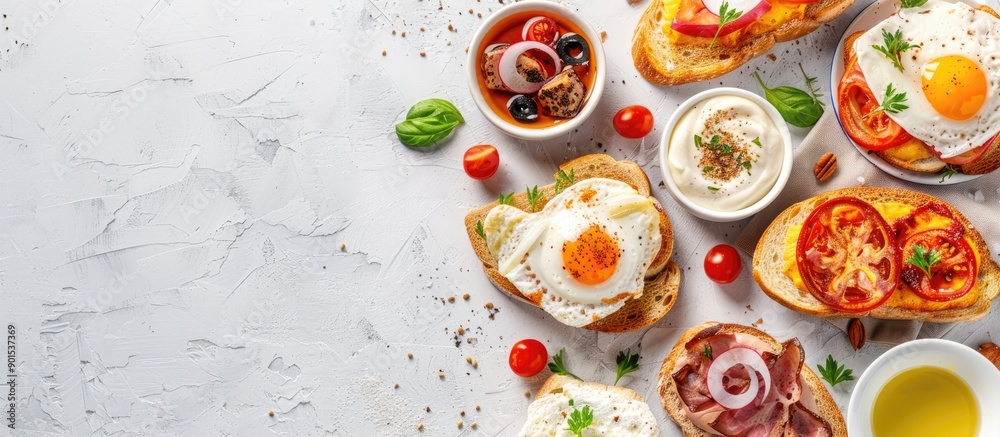 Variety of savory and sweet toasts for breakfast or brunch, sandwich and toast assortment, concept with copy space image. Variety of savory and sweet toasts for breakfast or brunch, sandwich and toast assortment, concept with copy space image.