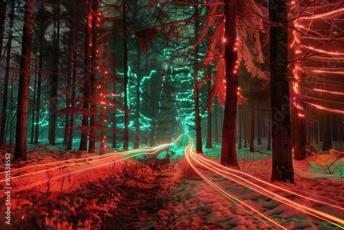 Surreal red and green Christmas tree forest with glowing light trails photo