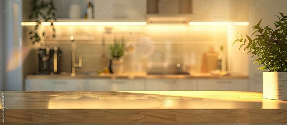 Kitchen interior with a blurred background, featuring a desk area, ideal for a copy space image. Kitchen interior with a blurred background, featuring a desk area, ideal for a copy space image.