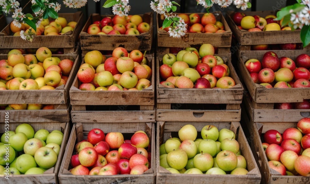 Display of assorted apples in wooden crates at a farmer's market Display of assorted apples in wooden crates at a farmer's market
