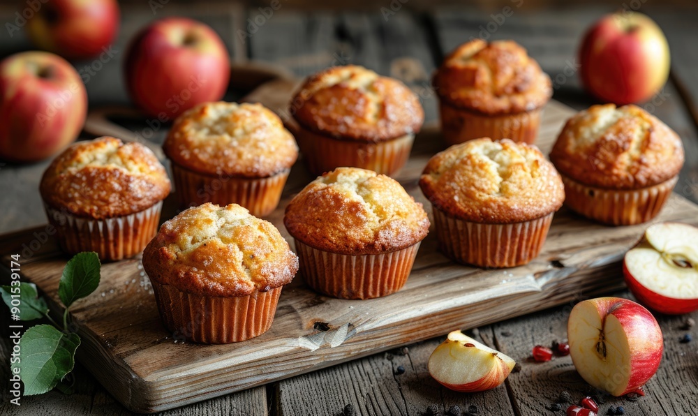 Freshly baked apple muffins arranged on a wooden board Freshly baked apple muffins arranged on a wooden board
