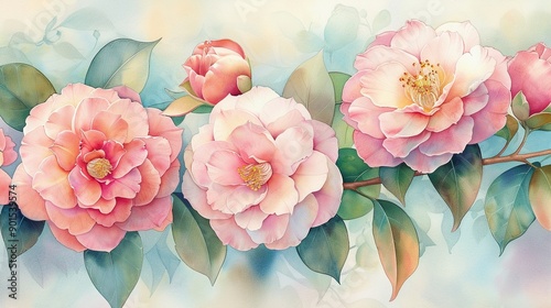 A garden scene featuring pastel camellias in bloom, with soft sunlight filtering through the leaves, Watercolor, Bright and tranquil