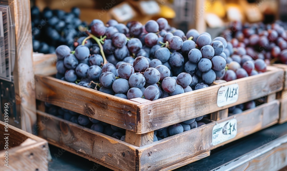 Grapes in a stylish wooden box in a gourmet grocery store Grapes in a stylish wooden box in a gourmet grocery store