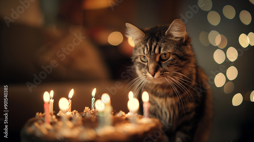 Birthday cake with candles lights glowing in dark room with a cute pet cat animal photo. Happy Birthday postcard background
