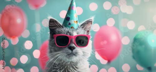 Cat Wearing Party Hat and Sunglasses