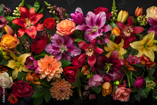 Brightly colored floral and botanical elements set against a black background for striking and dramatic effect