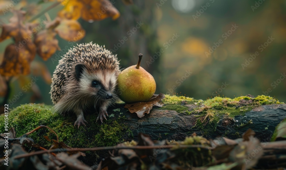 Hedgehog next to a pear on a mossy log Hedgehog next to a pear on a mossy log