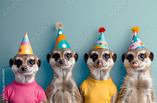 Four Meerkats in Party Hats