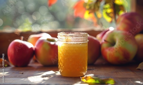 Jar of homemade apple syrup with fresh apples in the background