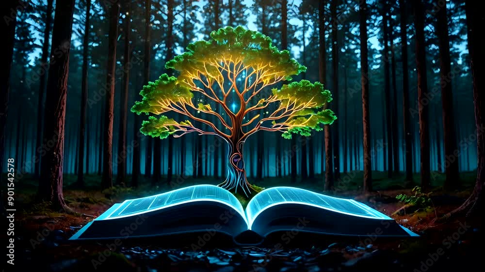 Magical tree with glowing leaves growing from an open book in a mystical forest. Seamless looping 4k time-lapse animation video background