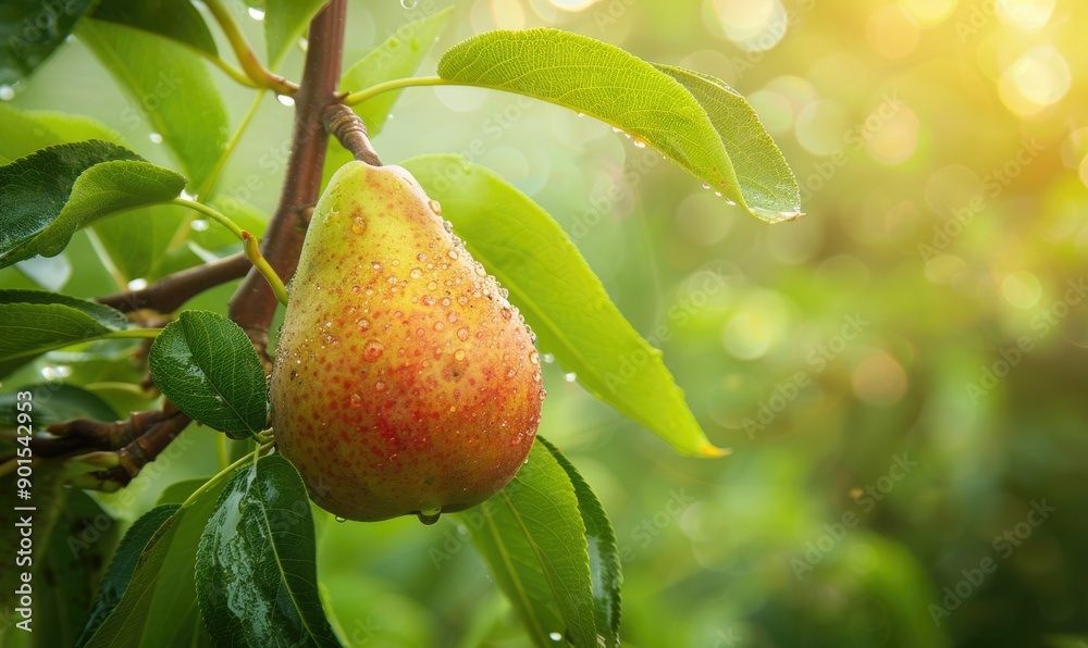Pear on a branch, crisp green leaves, dewdrops on the fruit