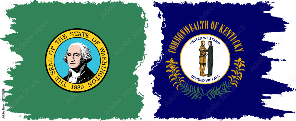 Fototapeta premium Kentucky and Washington states grunge brush flags connection, vector