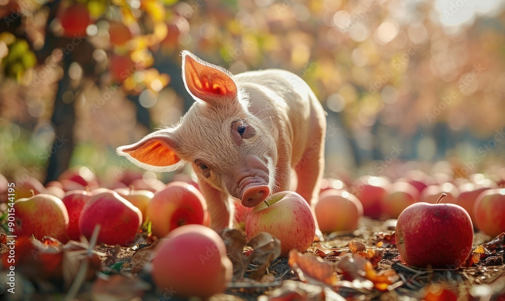 Naklejka premium Piglet savoring an apple in an orchard