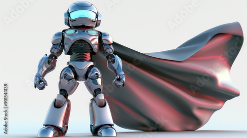 A AI artificial intelligence metal chrome robot superhero with black mantle and glowing eyes. Machine learning cyborg futuristic cartoon technology toy on white background isolated