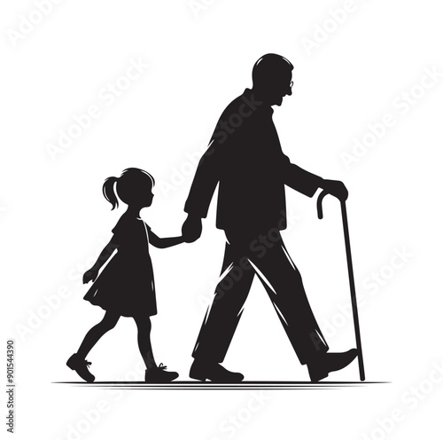 grandparents walking with granddaughter Silhouette  vector Illustration icon