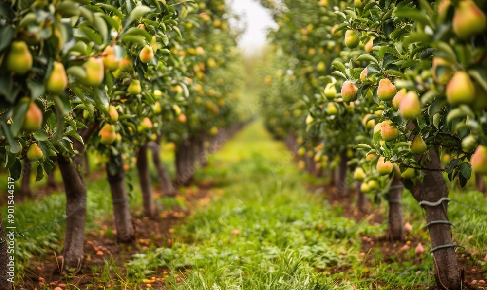 Fototapeta premium Rows of pear trees in an orchard