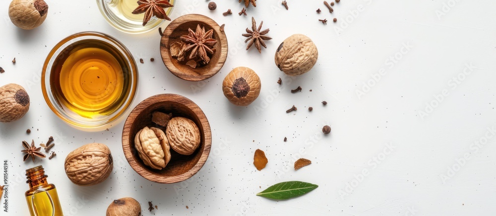 Overhead view on white backdrop showcasing nutmeg oil for aromatherapy, ample copy space image for text or design. Overhead view on white backdrop showcasing nutmeg oil for aromatherapy, ample copy space image for text or design.