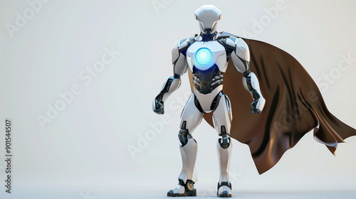A futuristic technology AI artificial Intelligence cyber cyborg human metal white robot as a superhero on white isolated background. Machine learning cartoon toy character