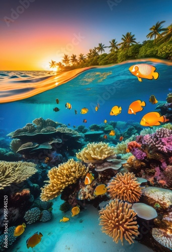 vibrant sunset illuminating coral reef colorful marine life crystal clear waters, ocean, sky, horizon, waves, sea, underwater, fish, tropical, evening, glow