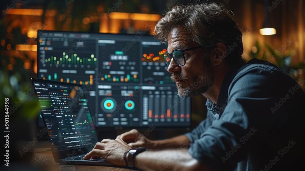 Focused Analyst Analyzing Data Trends on Laptop in Dimly Lit Office Environment at Night. Generative AI Focused Analyst Analyzing Data Trends on Laptop in Dimly Lit Office Environment at Night. Generative AI