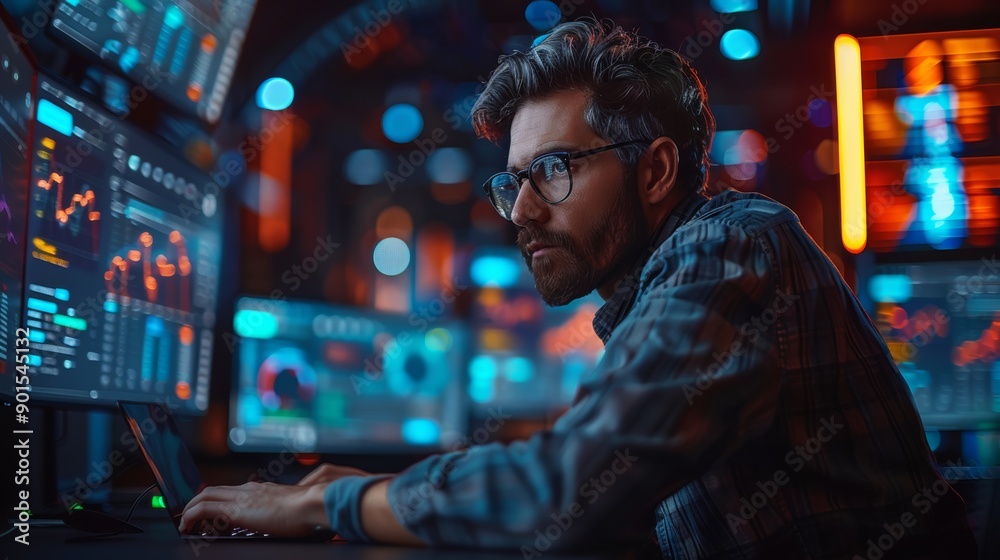 Focused Analyst Working Late at Night Surrounded by Multiple Screens Displaying Data Charts in Modern Office. Generative AI Focused Analyst Working Late at Night Surrounded by Multiple Screens Displaying Data Charts in Modern Office. Generative AI