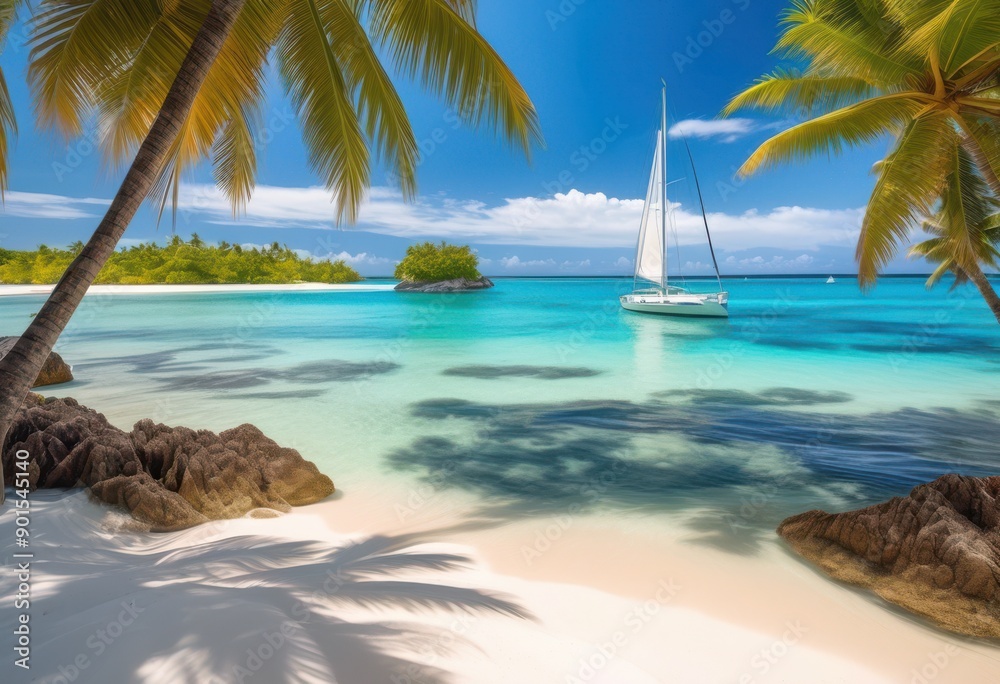 scenic tropical island lush palm trees surrounded crystal clear ocean waters sandy beaches under bright blue sky, shoreline, paradise, coastline, exotic, vacation scenic tropical island lush palm trees surrounded crystal clear ocean waters sandy beaches under bright blue sky, shoreline, paradise, coastline, exotic, vacation