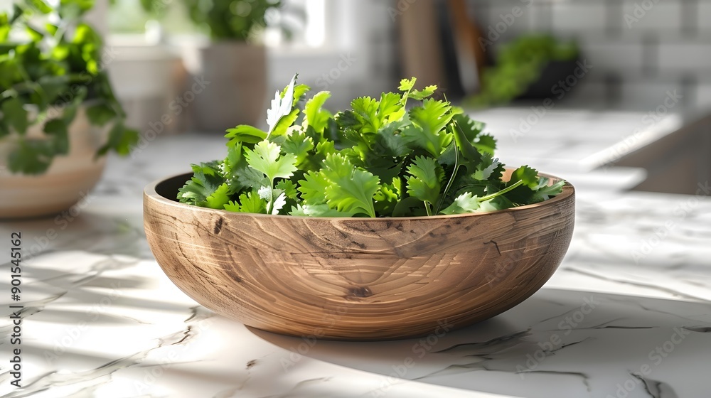 Fresh cilantro leaves in wooden bowl, white marble countertop, vibrant green herbs, close-up food photography, culinary still life, natural lighting. Fresh cilantro leaves in wooden bowl, white marble countertop, vibrant green herbs, close-up food photography, culinary still life, natural lighting.