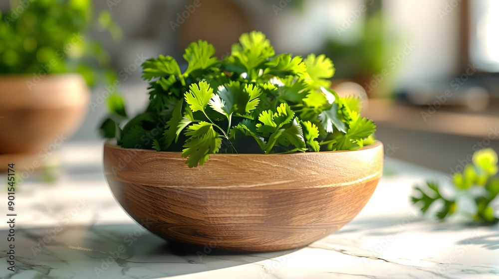 Fresh cilantro leaves in wooden bowl, white marble countertop, vibrant green herbs, close-up food photography, culinary still life, natural lighting. Fresh cilantro leaves in wooden bowl, white marble countertop, vibrant green herbs, close-up food photography, culinary still life, natural lighting.